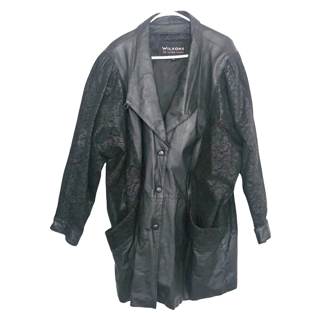 Wilsons Leather Experts Black Floral Embossed Leather Jacket 2X Vintage Longline